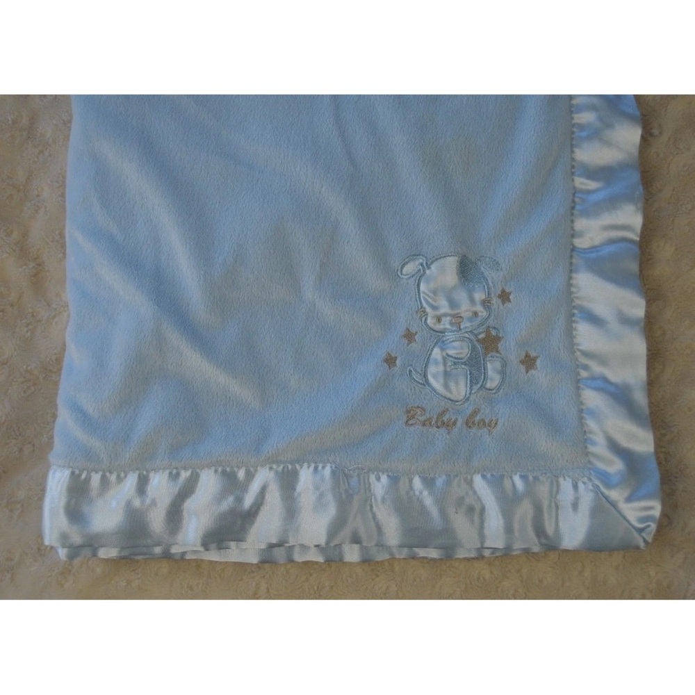 Nuby Puppy Dog Baby Boy Blanket Blue Gray Stars Silky Satin Edge Trim Lovey
